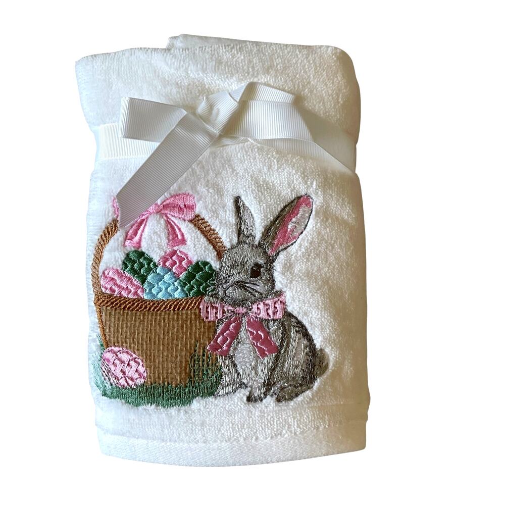 NEW Kassafina 2 Pk Plush Hand Towels Embroidered Spring Easter Bunny Eggs Basket